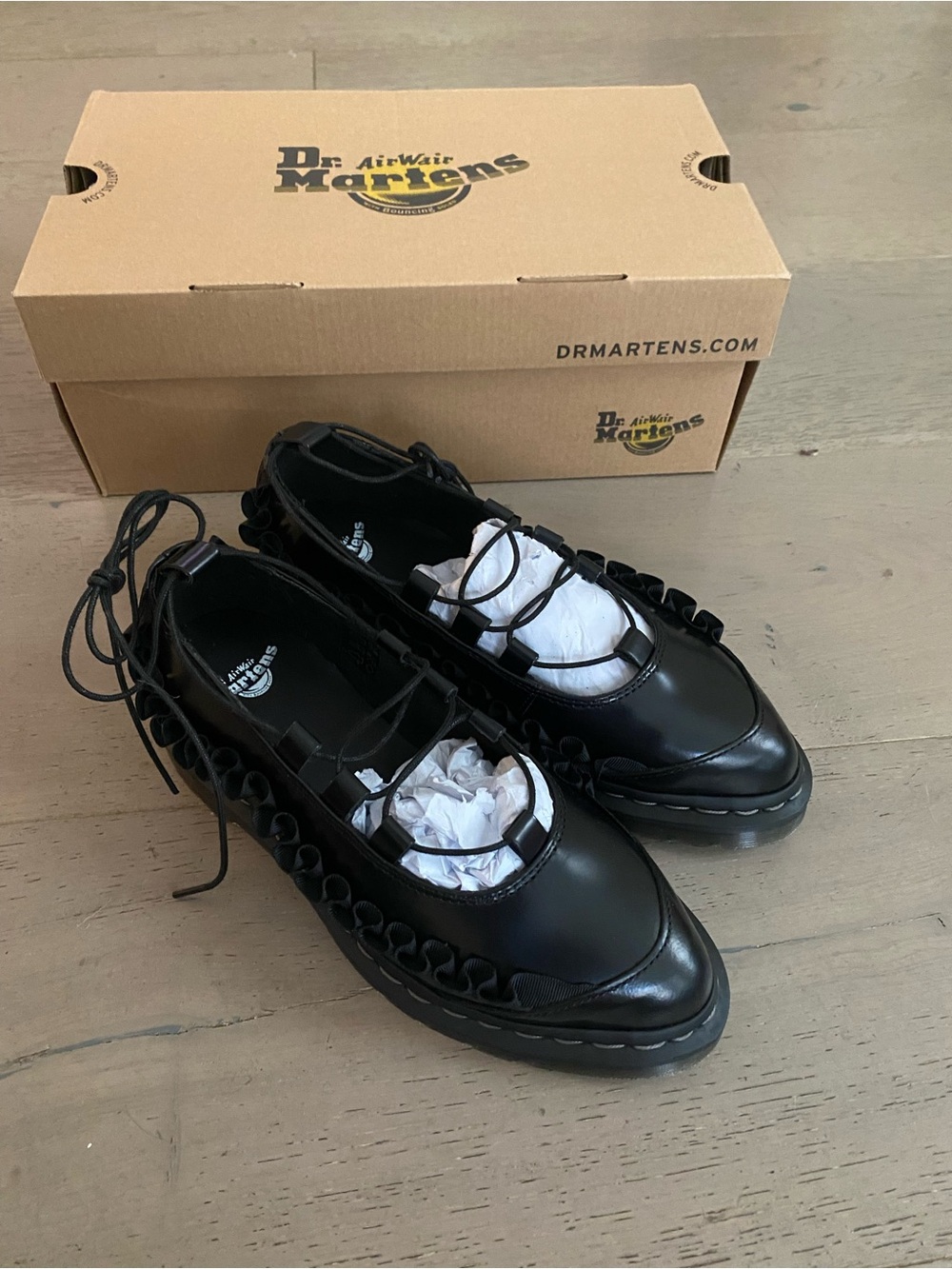 Dr. Martens Black Patent Mary Jane Lace-Up Flats with Ruffle Trim